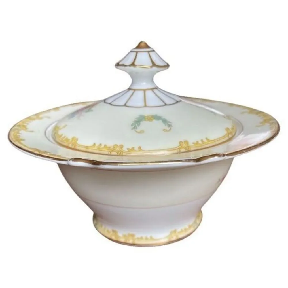 Noritake  N183 Sugar Bowl With Lid Yellow Border Floral Sprays Gold‎ Trim Japan